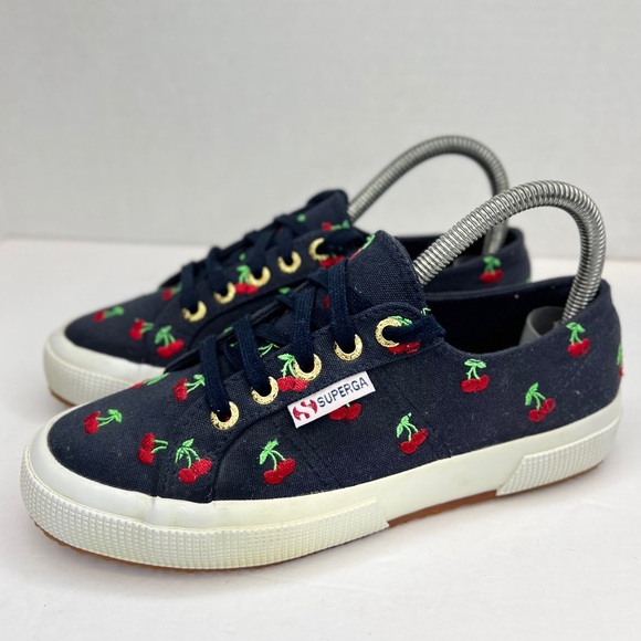 Superga 2750 Cotu Classic Cherry Embroidered Navy Canvas Sneakers Women’s 6 XLNT - Picture 1 of 15